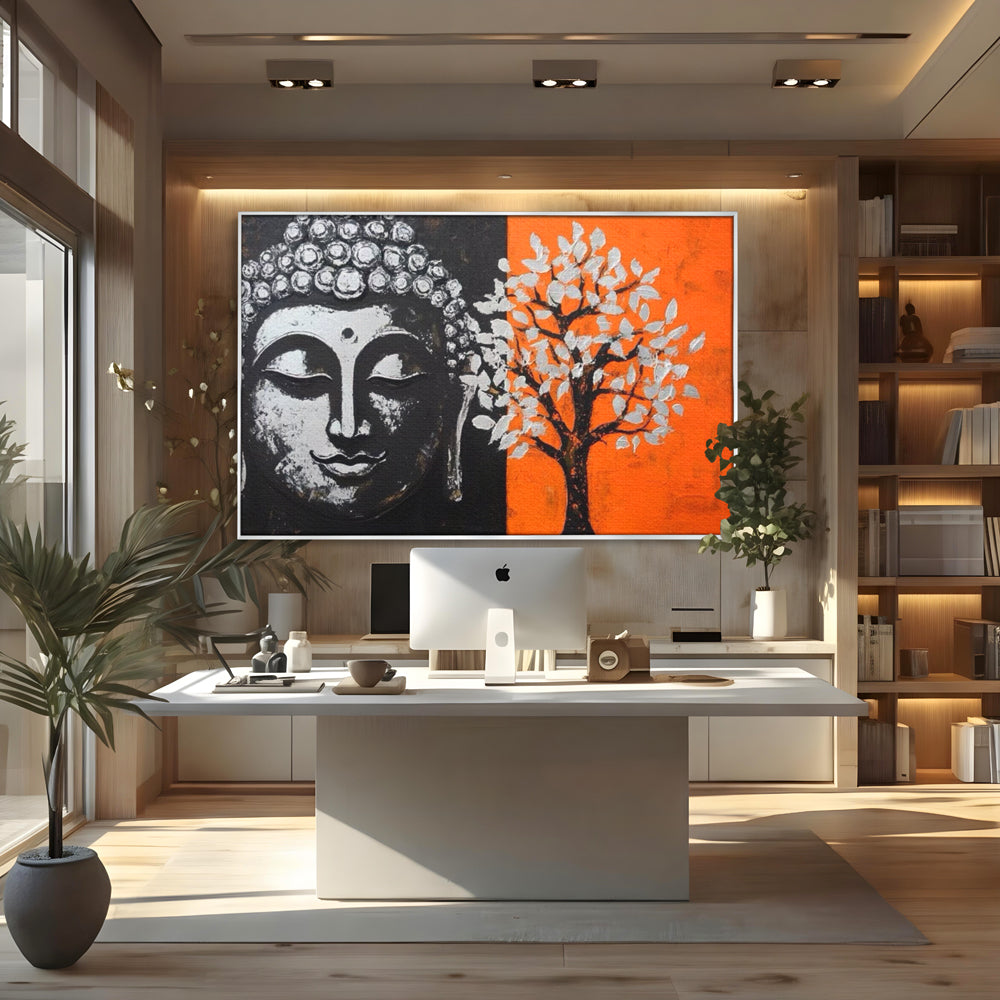 Tablou canvas cu tablou canvas cu capul lui buddha si un copac, in rama de aluminiu argintiu, pe perete intr-un birou